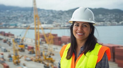 Hispanic female civil engineer, age 40, hard hat, safety vest, at transshipment facility in harbor in background. Industrial environment, global transport and trade. Successful latin engineer, outdoor