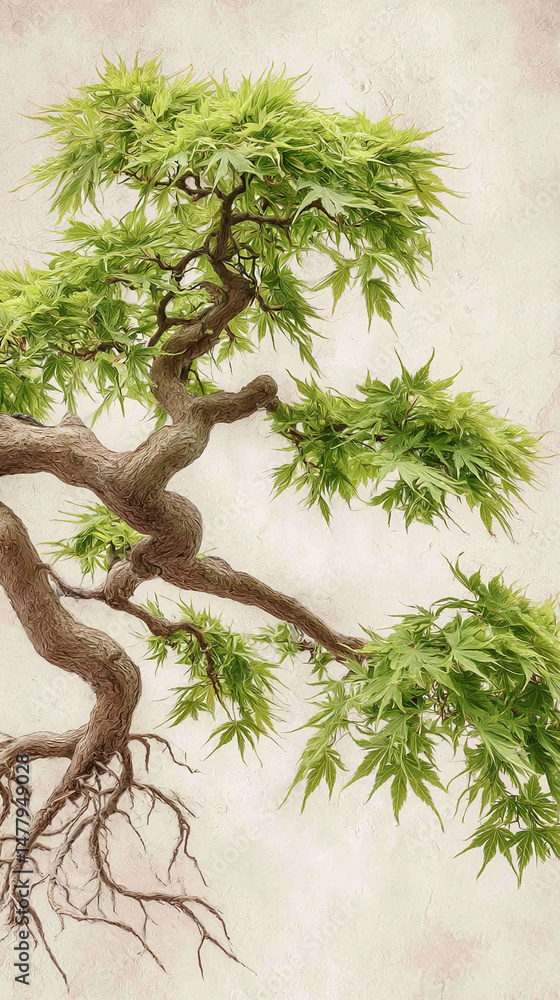 Poster detailed image of bonsai tree with exposed roots and lush green foliage against a textured beige bac