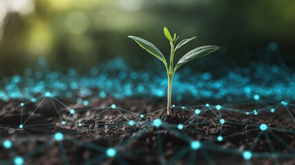 Small green plant emerging from soil with a digital network overlay, symbolizing growth and technology.