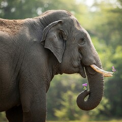 Fototapeta premium Elephant with flowers in its trunk in the natural environment.