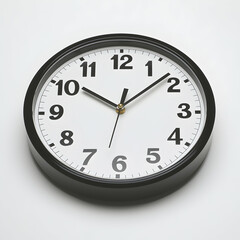 Simple black wall clock showing the time, on a white background, ideal for time management concepts