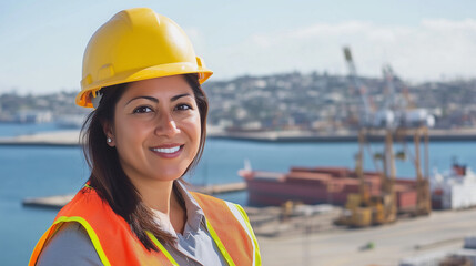 Hispanic female civil engineer, age 40, hard hat, safety vest, at transshipment facility in harbor in background. Industrial environment, global transport and trade. Successful latin engineer, outdoor