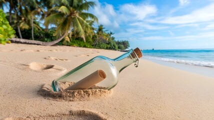 A glass bottle with a message inside, partially buried in the white sand of a tropical beach.  The bottle is corked and tied with a rope, and the message is visible inside. The scene is serene.