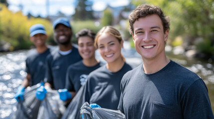 Volunteers Collecting Trash Along a Riverbank for Environmental Cleanup