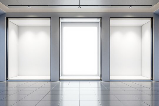 Minimalist empty display windows with bright lighting in a modern interior, metallic and white color scheme, tiled floor, creative showroom background. Ai generative