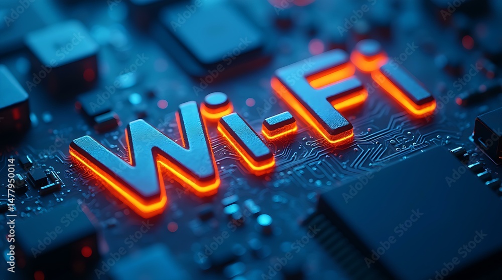 Poster glow in the dark wifi letters stand out on a blue circuit board. wireless network technology concept