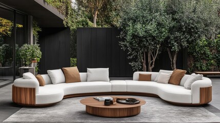 Fototapeta premium Curved outdoor sectional sofa set with wooden accents.
