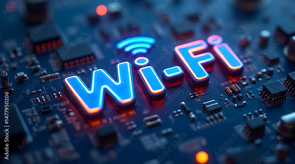 Poster glow in the dark wifi letters stand out on a blue circuit board. wireless network technology concept