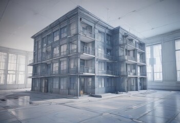 Photographic image with blueprint design overlay, architectural style, filter, construction, style