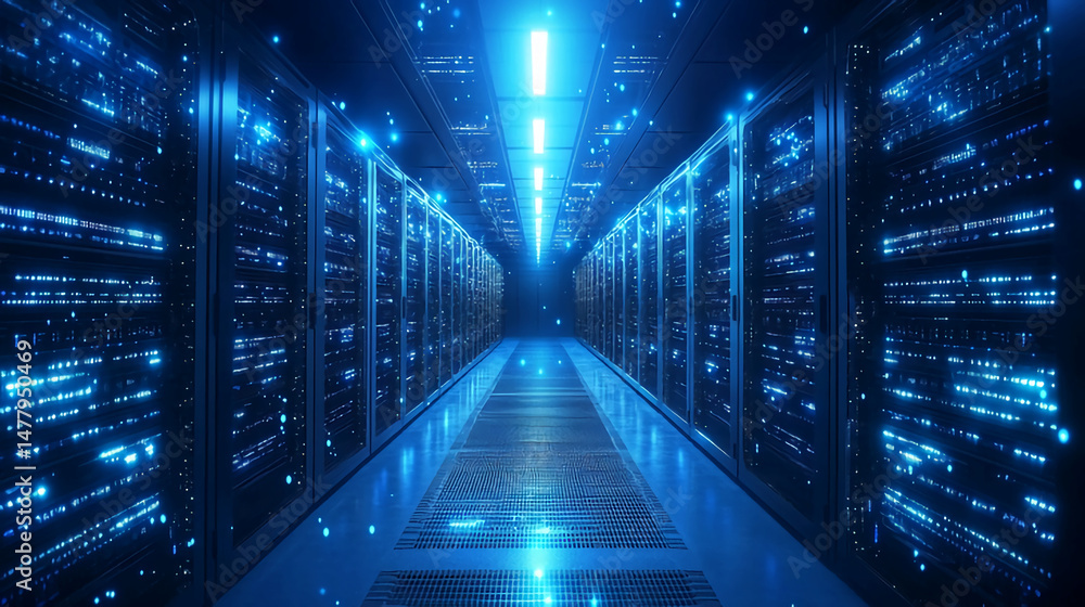 Poster exploring digital infrastructure data center server room it network technology and computing hardwar
