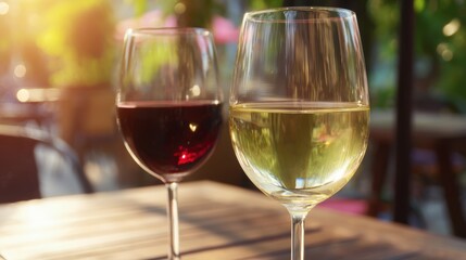 Naklejka premium Two elegant wine glasses, red and white wine, sunlit outdoor setting, perfect for social gatherings or celebrations.