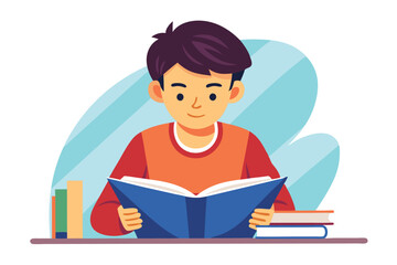 Young boy enjoying reading a book while sitting near stacks of books in a cozy setting with soft colors portraying a calm atmosphere