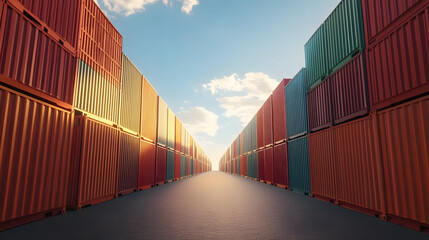Fototapeta premium A symmetrical view of shipping containers stacked in a transport yard under a bright sky, showcasing modern logistics and global trade.