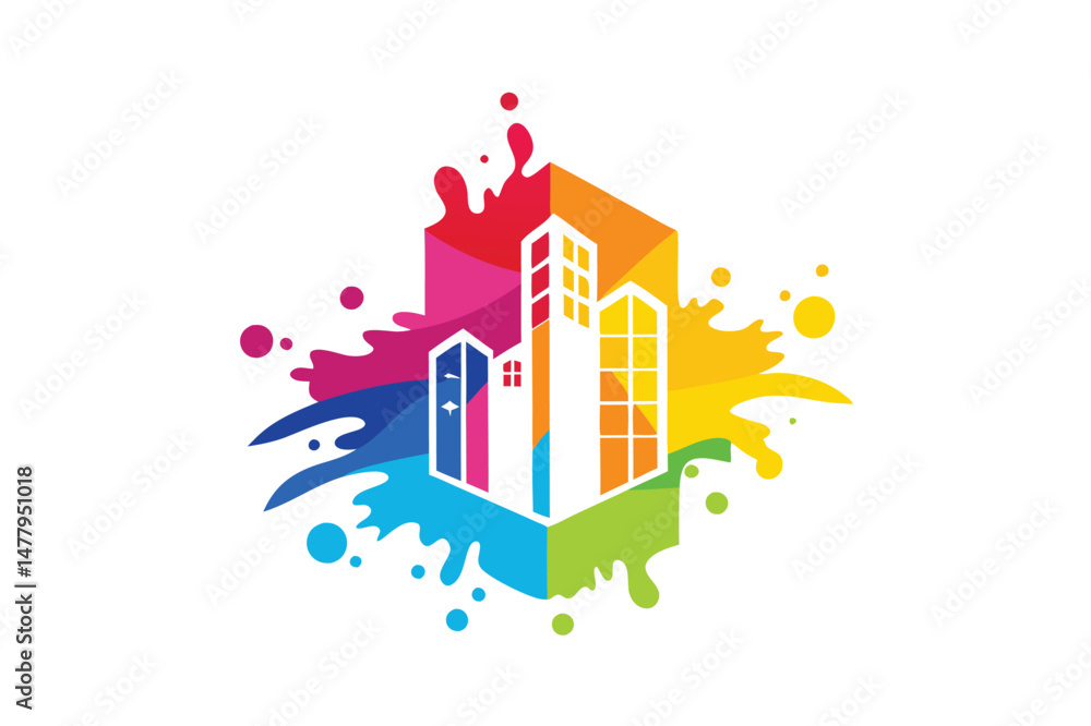 Poster vibrant vector illustration of a colorful building with splashes of rainbow colors representing crea