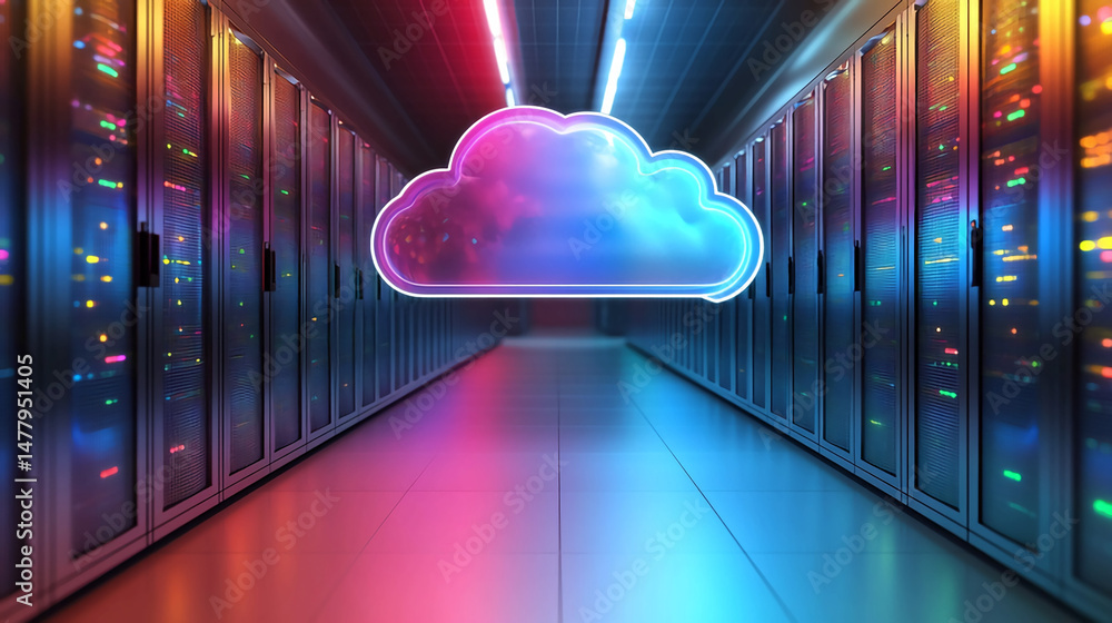 Poster cloud computing server room data center technology it infrastructure network storage system digital 