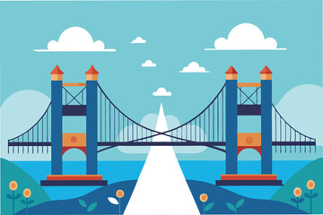 Obraz premium Vector illustration of a man walking on a bridge in a scenic landscape with mountains and clouds during a bright day, featuring elements of nature and urban design