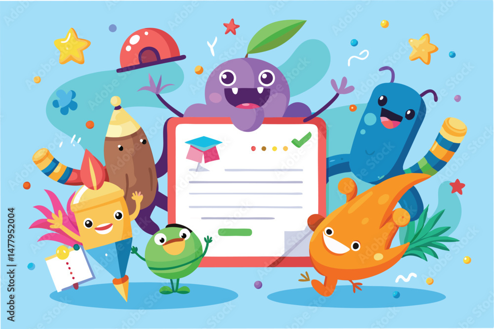 Poster cheerful vector illustration of colorful cartoon characters celebrating success with a laptop and fu
