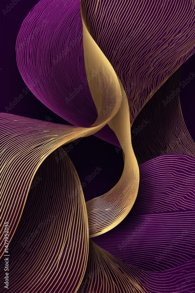 Poster abstract elegant curves with line patterns in purple and golden tones
