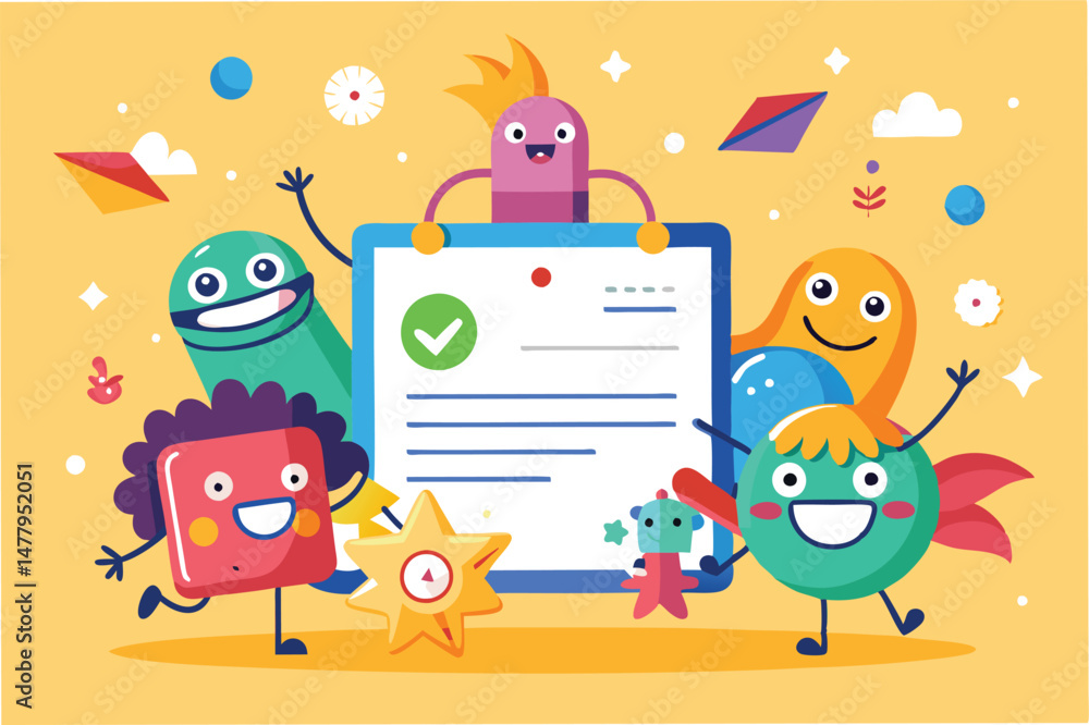Poster cheerful vector illustration of colorful cartoon characters celebrating success with a laptop and fu