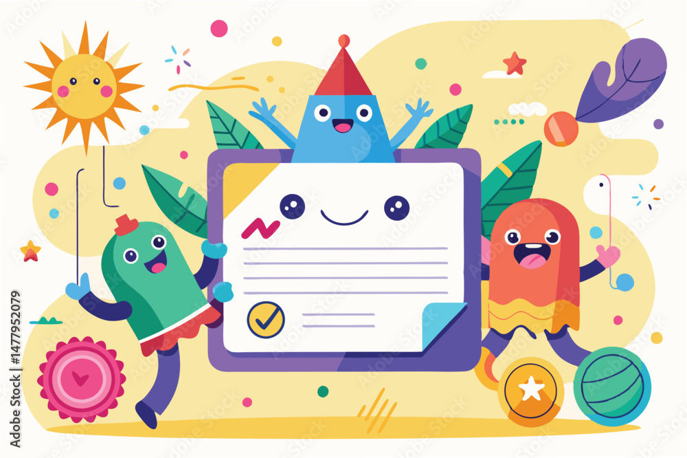 Poster cheerful vector illustration of colorful cartoon characters celebrating success with a laptop and fu