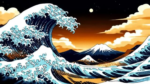 Dramatic stylized wave crashes at sunset with drifting clouds and distant mountain, ukiyo-e inspired