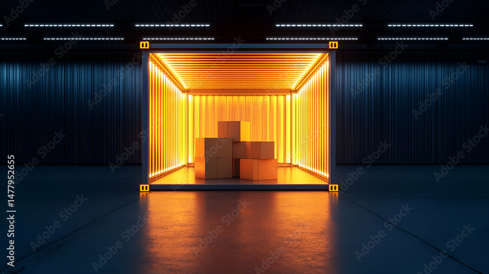 Poster illuminated cargo container with stacked cardboard boxes