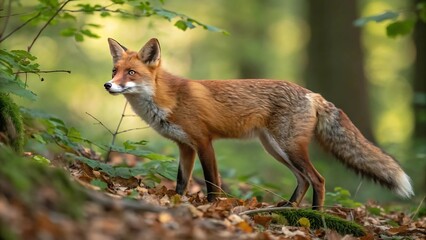 Fototapeta premium Majestic red fox standing alertly in a lush green forest surrounded by autumn leaves