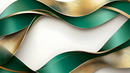 Emerald and gold flowing ribbons frame a white background.  Detailed, textured ribbons create a luxurious, elegant feel