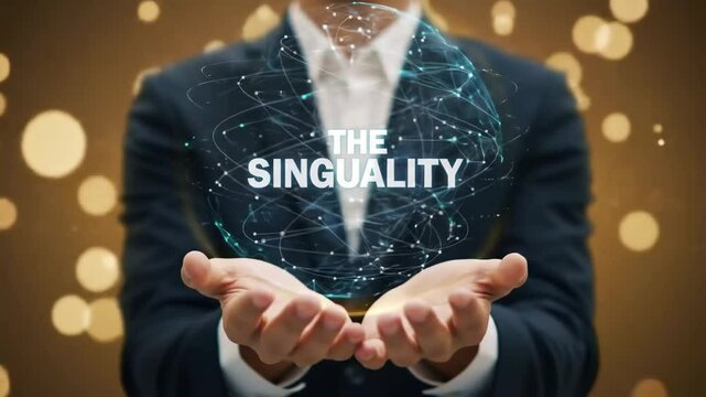 Businessperson presenting glowing digital sphere labeled "The Singularity," animated neural mesh and particles