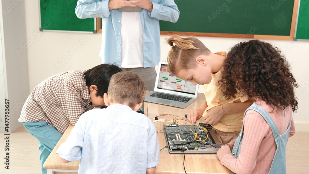 Poster group of diverse student working together on main board with laptop screen display engineering promp