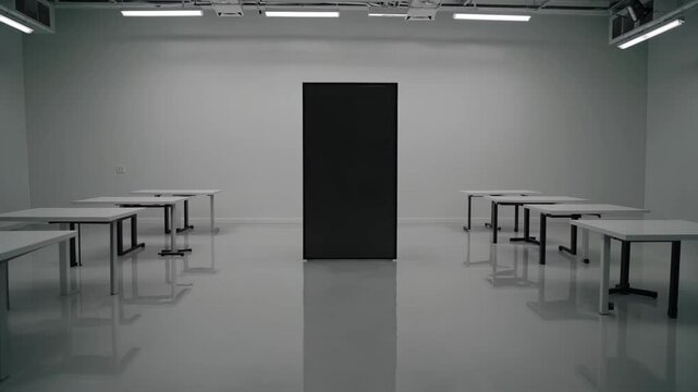 Person in minimal white room with scattered tables, approaching a large black monolith at the center

