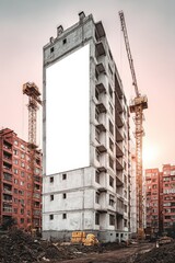 Urban construction site featuring a blank billboard on an unfinished building