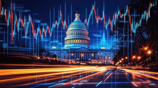 Capital Building Overlaid with Stock Market Charts at Night With Neon Trails