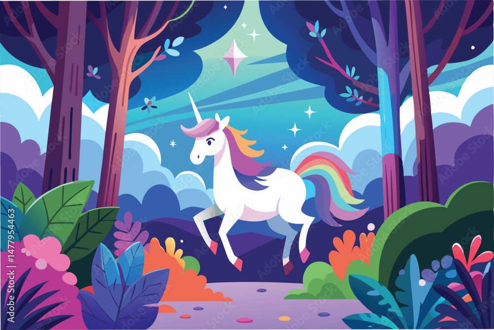 Poster colorful unicorn strolling through a magical forest under a rainbow and twinkling stars at dusk