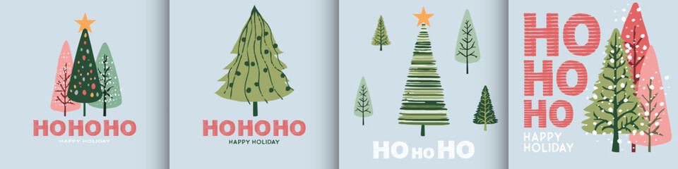 Simple craft draw Christmas Tree, Ho Ho Ho Happy New Year greeting card Set, design typography invite posters, template, Layout, greeting flat design, banner