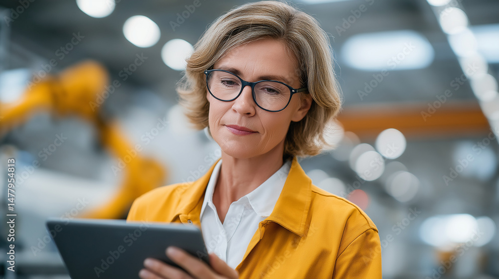 Poster female engineer operating robotic arm with digital tablet in factory