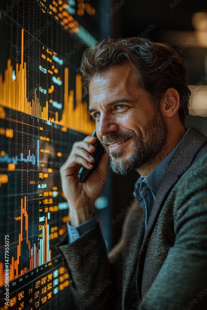 Poster smiling businessman on a phone call with a graph in the background