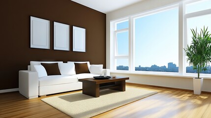 Fototapeta premium Modern living room interior with panoramic city views.