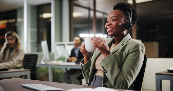 Call center, coffee break and happy woman in office for customer service, vision or thinking at night. Contact us, telemarketing and sales agent with drink for coworking and reflection on overtime