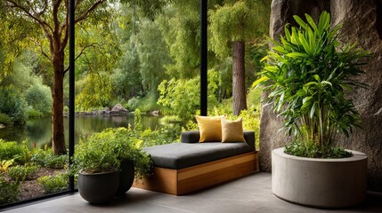 Tranquil lakeside retreat with lush foliage