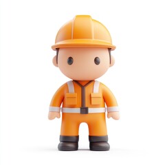 Smiling cartoon worker in protective orange clothing.