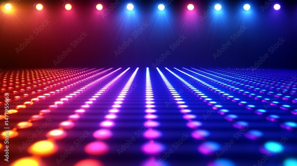 Poster abstract stage lighting with illuminated floor reflecting blue and red gradient lights for performan