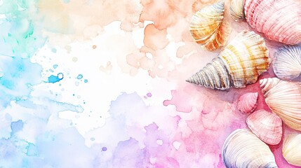 Watercolor illustration of various seashells against soft blended background of blue, pinks and orange. Concept of beach theme, summer vacation or marine art