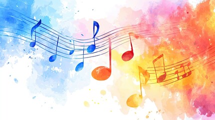 Watercolor illustration of musical notes on staff lines against a vibrant, flowing background of blues, oranges and pinks, conveying the essence of music, melody and artistic expression
