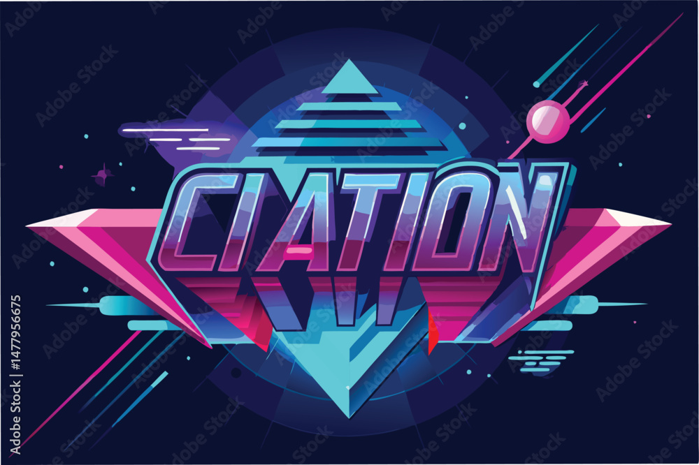 Aufkleber Vibrant vector illustration featuring stylized lettering and geometric shapes with a neon aesthetic in a dynamic cosmic setting