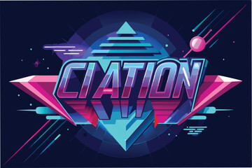 Vibrant vector illustration featuring stylized lettering and geometric shapes with a neon aesthetic in a dynamic cosmic setting
