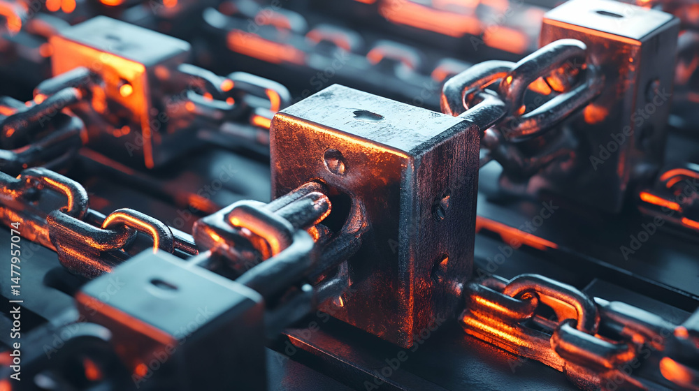Poster interconnected metal cubes and chains security network