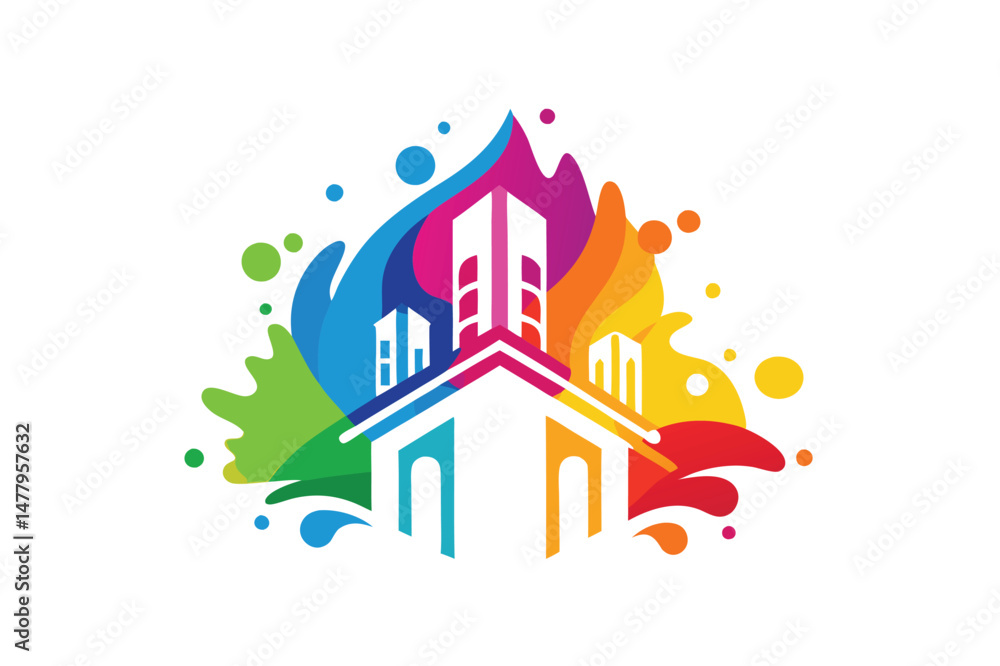 Aufkleber Vibrant vector illustration of a colorful building with splashes of rainbow colors representing creativity and artistic expression in a modern urban setting