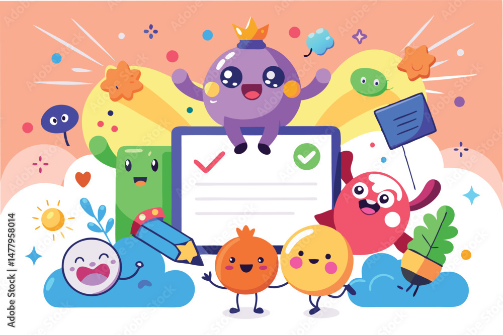 Poster cheerful vector illustration of colorful cartoon characters celebrating success with a laptop and fu