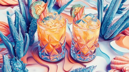 Fototapeta premium Vibrant tropical beverage scene with colorful cocktails and succulent plants
